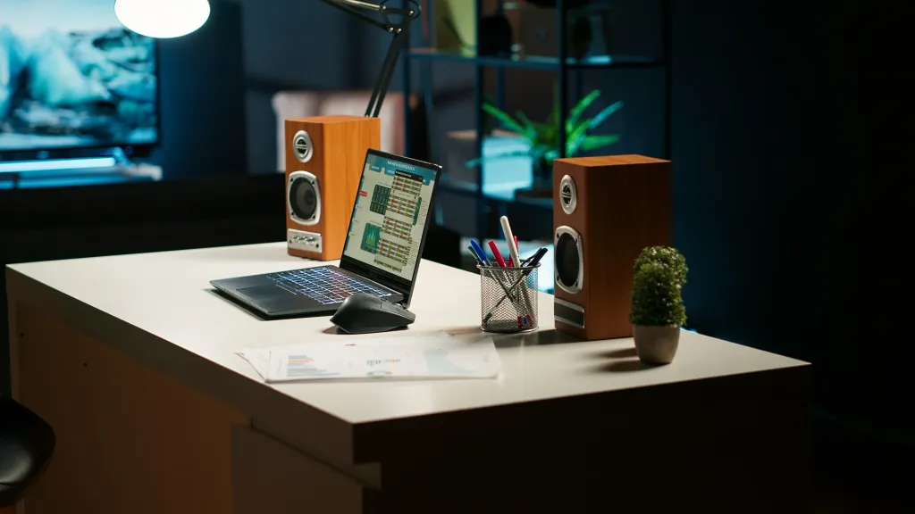 A modern home office setup featuring desktop speakers and a laptop, ideal for working with a wireless headphone with noise cancelling microphone.