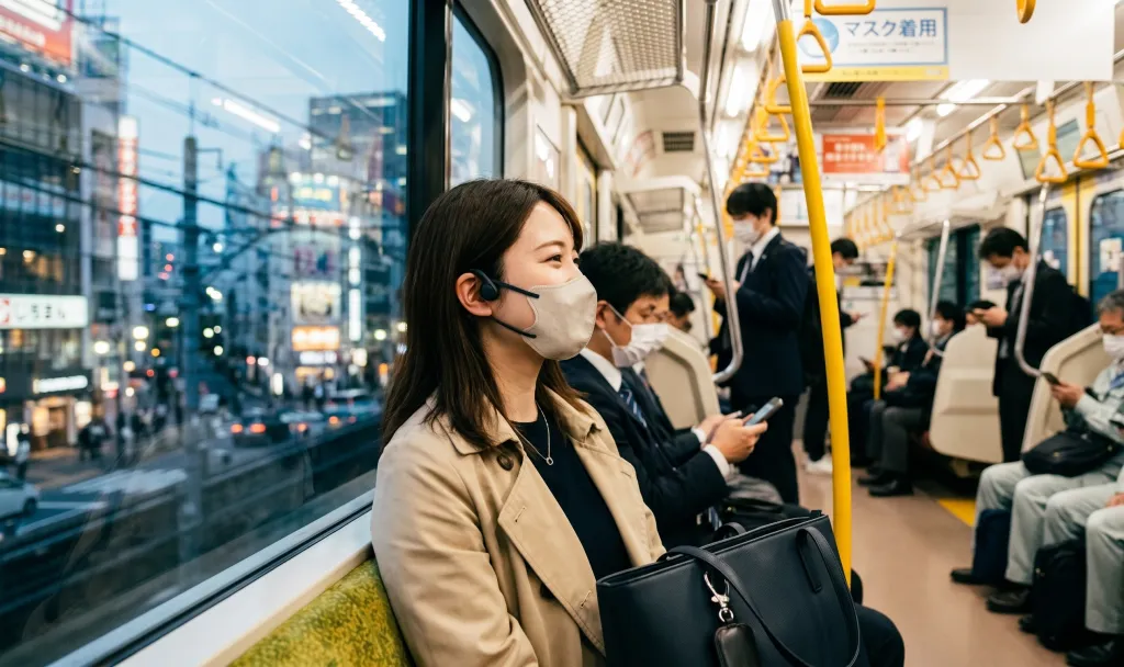 電車で空気伝導イヤホンを付けている女性