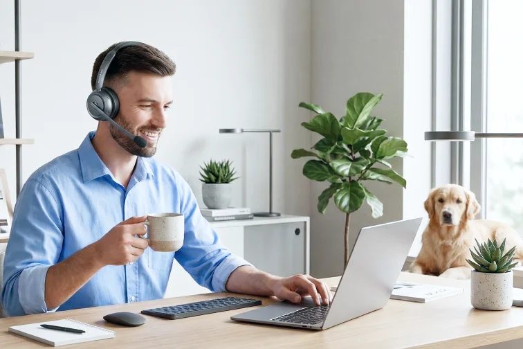 Remote customer support agent working from home office