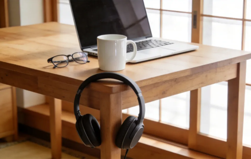明るい在宅オフィスのデスクに置かれたヘッドセットとノートパソコン