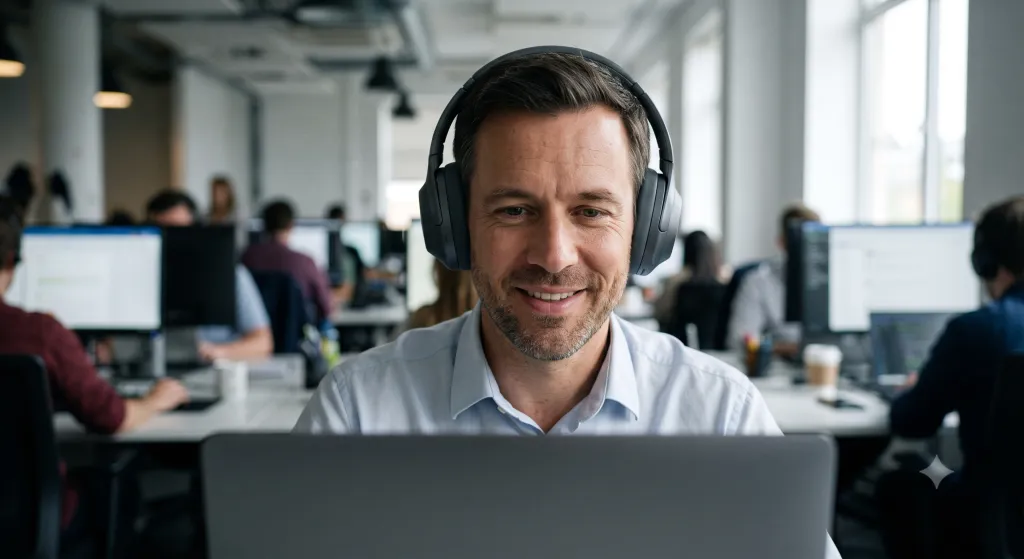 A businessman relies on a high-quality mic to stay clear in a busy, realistic open-plan environment.