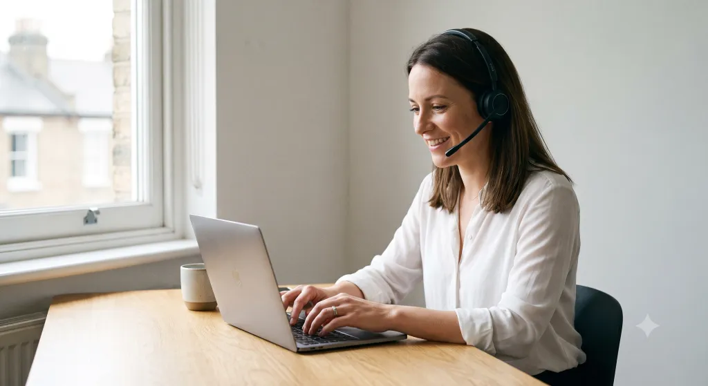 A professional woman in her London flat, working seamlessly via headset—an example of the shift toward virtual collaboration.