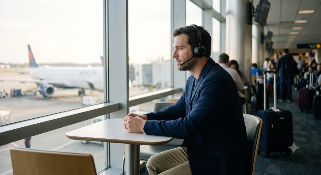 Connected and professional: A frequent traveler manages a critical Microsoft Teams call from a busy airport gate area.