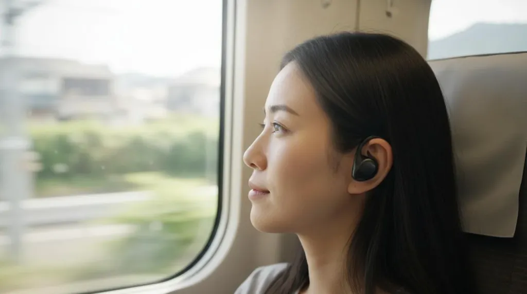 電車内でリラックスして音楽を聴く通勤者の横顔