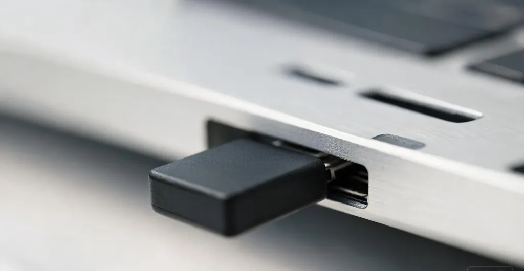 Close-up of a compact USB wireless dongle plugged into a laptop port