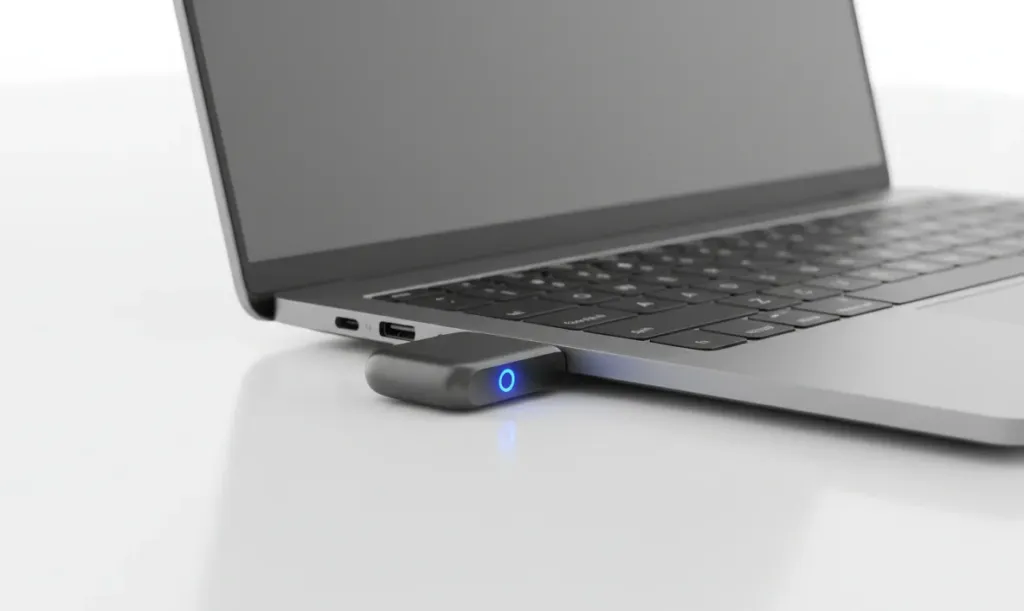 ラップトップに接続されたUSBドングルのクローズアップ