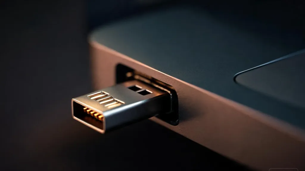 Macro close-up of a USB-A wireless dongle being inserted into a laptop port, metal contacts catching dramatic side lighting