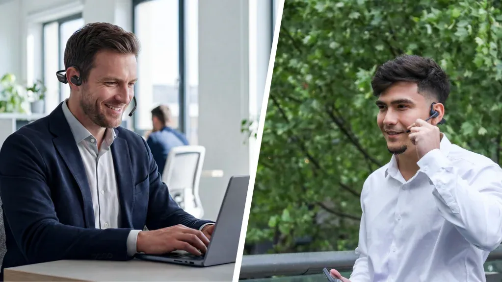 two business men are using best bluetooth headset for calls in noisy environment
