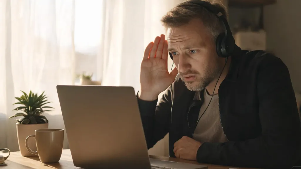 A man leaning toward his laptop with a puzzled expression, one hand near his ear, trying to hear himself clearly on a call