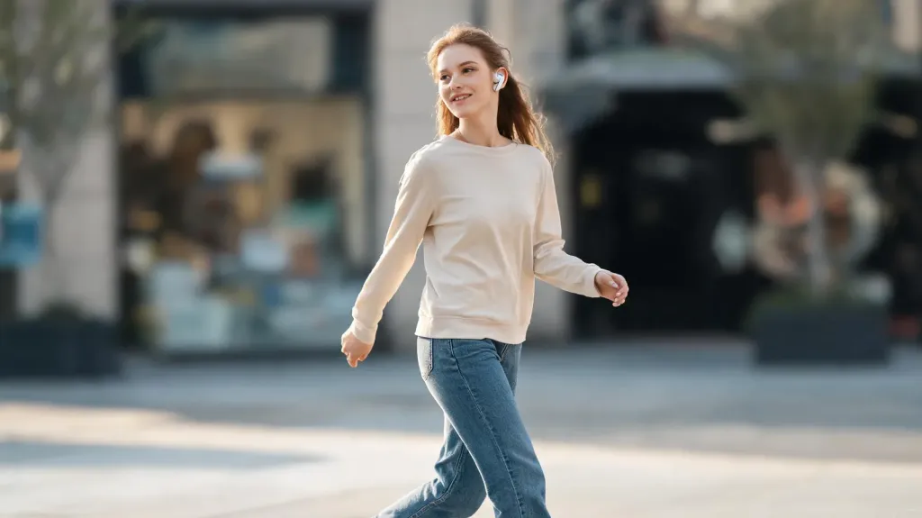 Person walking outdoors wearing a wireless headset, mid-stride