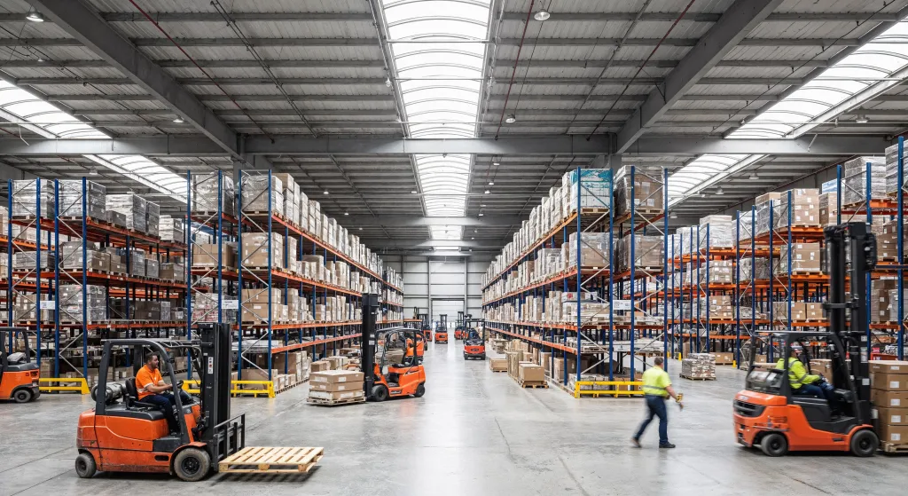 Wide-angle shot of a large-scale industrial warehouse interior featuring multiple forklifts and high-bay storage shelving for supply chain management.