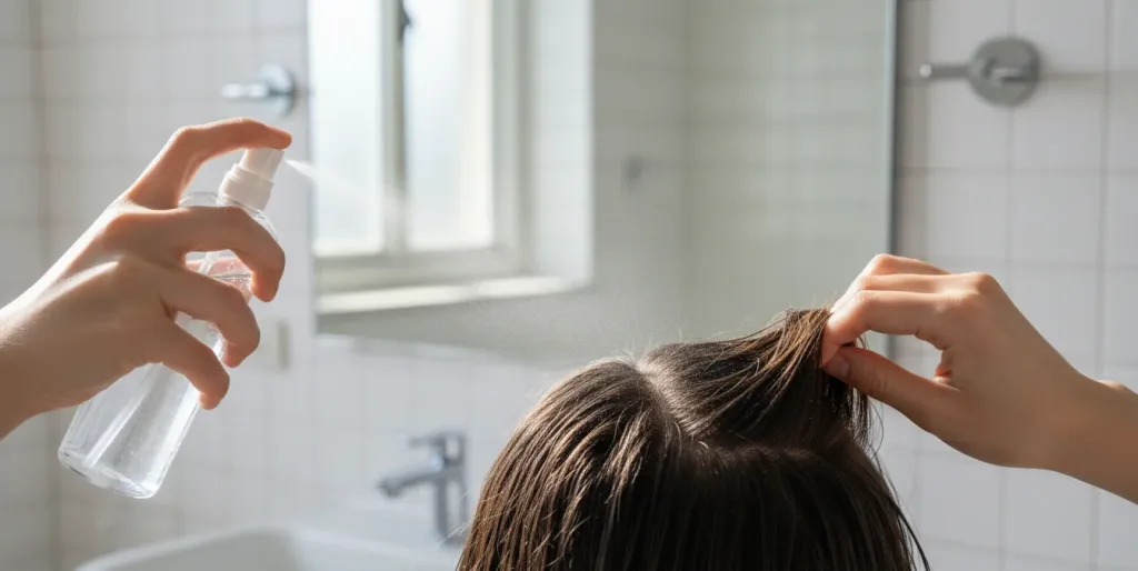 Hands spraying water onto dented hair and lifting the strands to prepare for blow-drying the flattened area back to volume