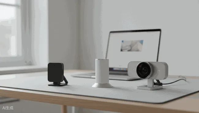 Verschiedene Webcam-Modelle auf einem sauberen Schreibtisch zum Größen- und Designvergleich