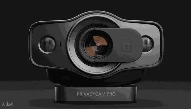 Detailansicht einer Premium-Webcam mit Glaslinse, integrierten Mikrofonen und Sichtschutzabdeckung