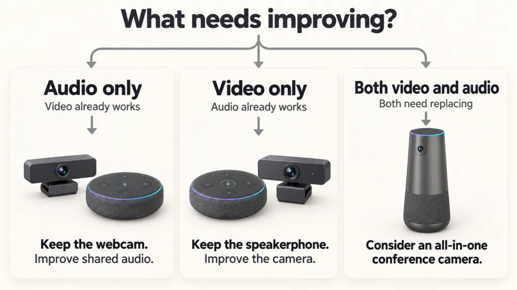 Decision chart showing when to keep an existing webcam or speakerphone and when to consider an all-in-one conference camera.