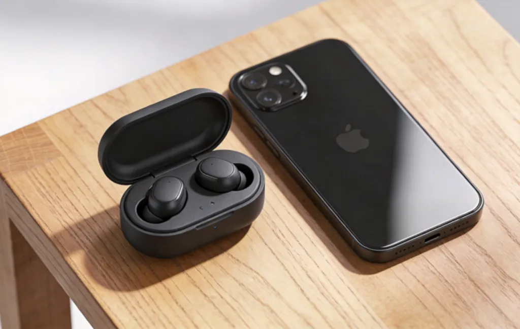 モバイルで使えるコンパクトなヘッドセットケースとスマートフォン