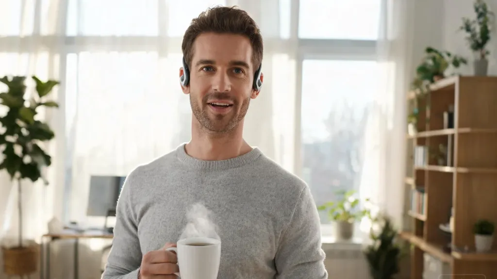Remote sales professional working from a bright home office, wearing a lightweight wireless headset, standing and moving freely, modern lifestyle photography
