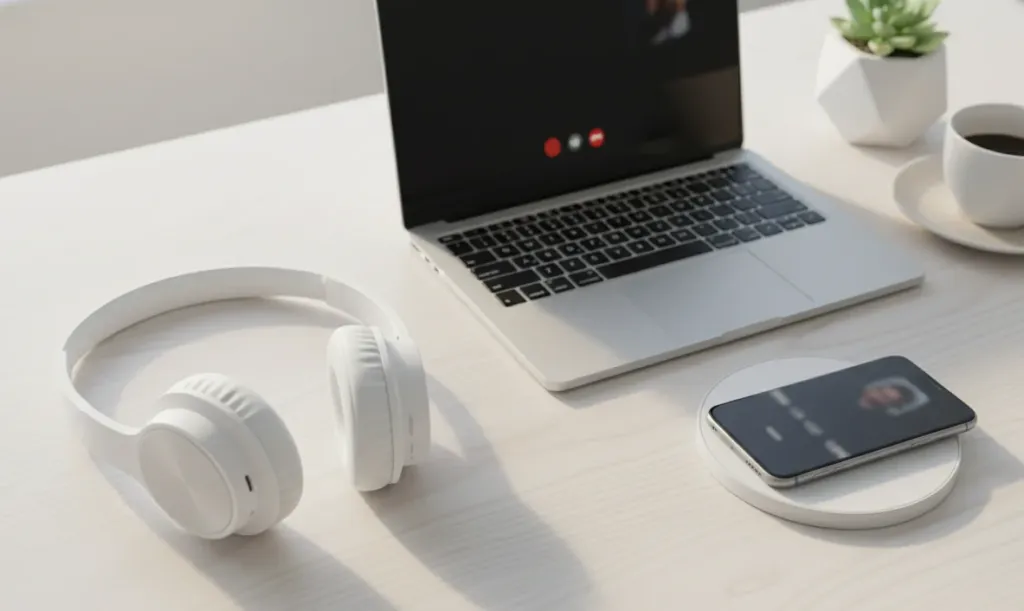 Clean wireless desk setup with headset beside laptop, smartphone on charging pad, and coffee cup on white oak surface