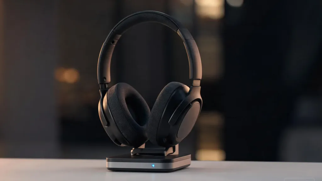 Wireless headset elegantly resting on its charging stand with a subtle LED glow on a modern desk surface in warm evening light