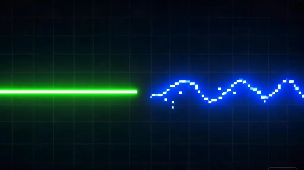 3D visualization comparing a stable green 2.4GHz signal beam with a fluctuating blue Bluetooth signal showing interference