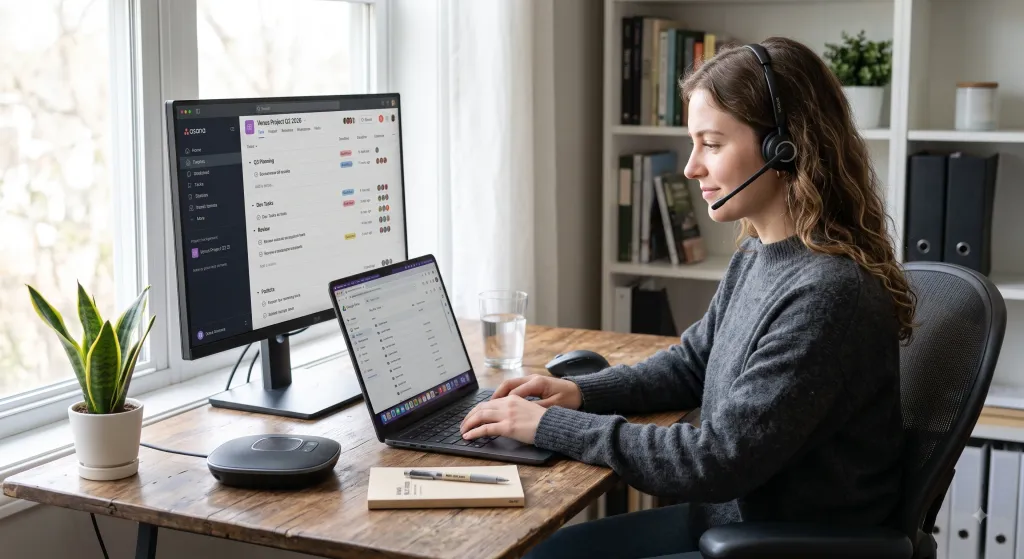 A woman wearing a headset works remotely from her home office, using a laptop and a desktop monitor displaying project management software.