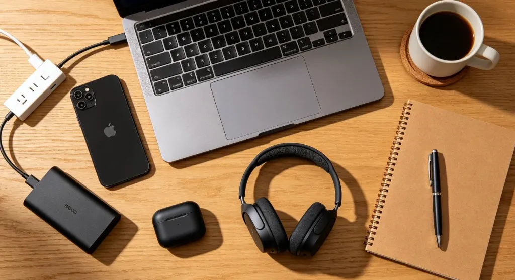 Overhead flat lay of a complete remote work toolkit on a wooden desk including laptop, smartphone, wireless open-ear headphones, portable charger, notebook, pen, coffee cup, and USB hub