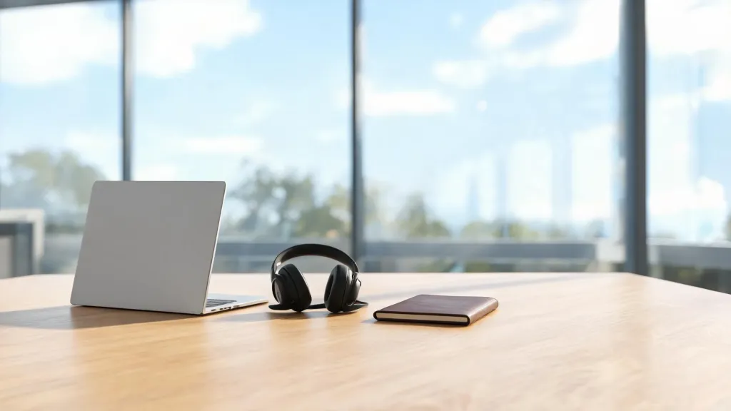 Clean desk workspace with a wireless headset, laptop, and notebook in a bright modern office