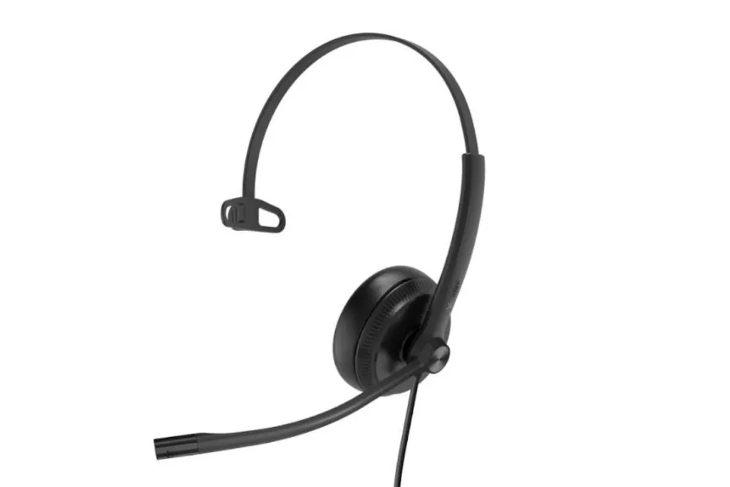 Yealink UH34 single-ear wired headset with a lightweight headband and curved microphone.