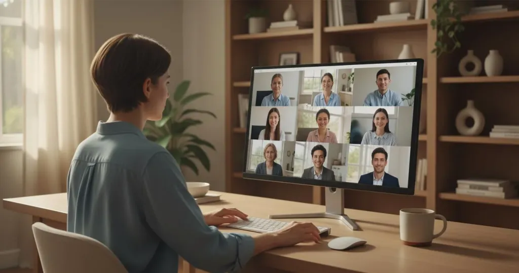 Person am Schreibtisch, die an einem Zoom-Meeting mit mehreren Teilnehmern teilnimmt